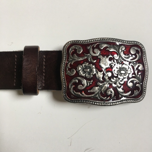 Vintage Boho Italy GAP Floral Enamel Buckle Brown Leather Belt S - Picture 2 of 8